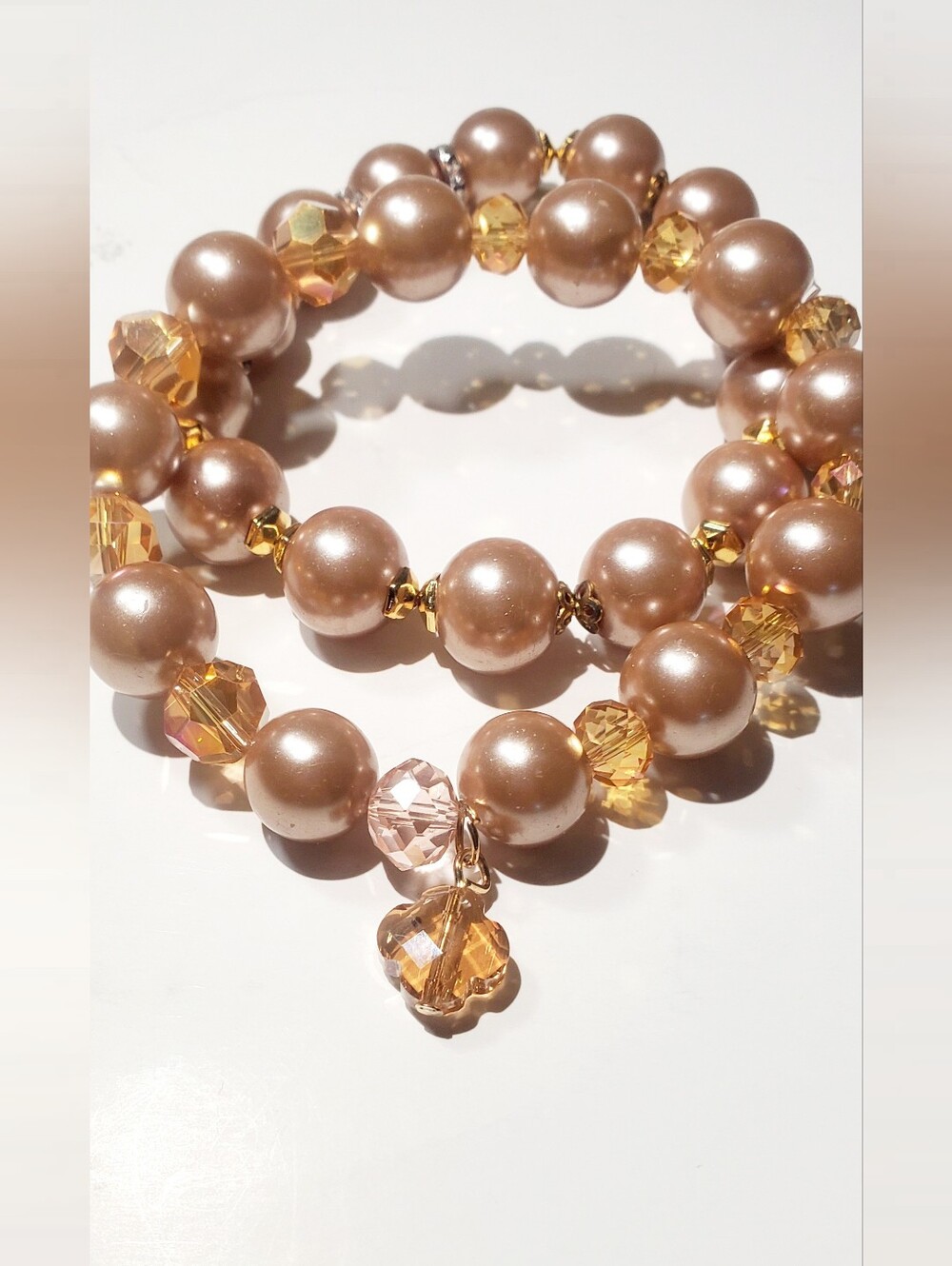 Blush Glass Bead and Amber Bead Stretch Bracelet - Elegant Women's Jewelry